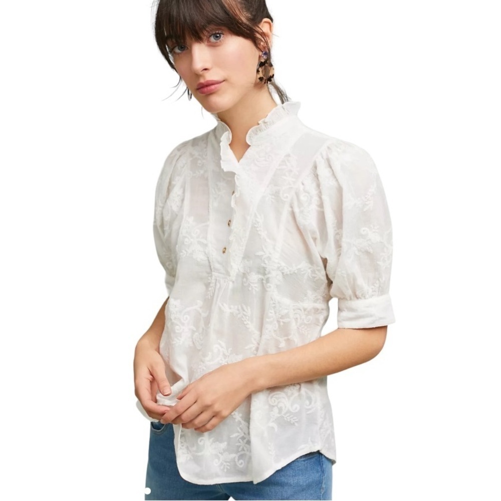 ANTHROPOLOGIE EMBROIDERED WHITE SHORT PUFF SLEEVE TOP